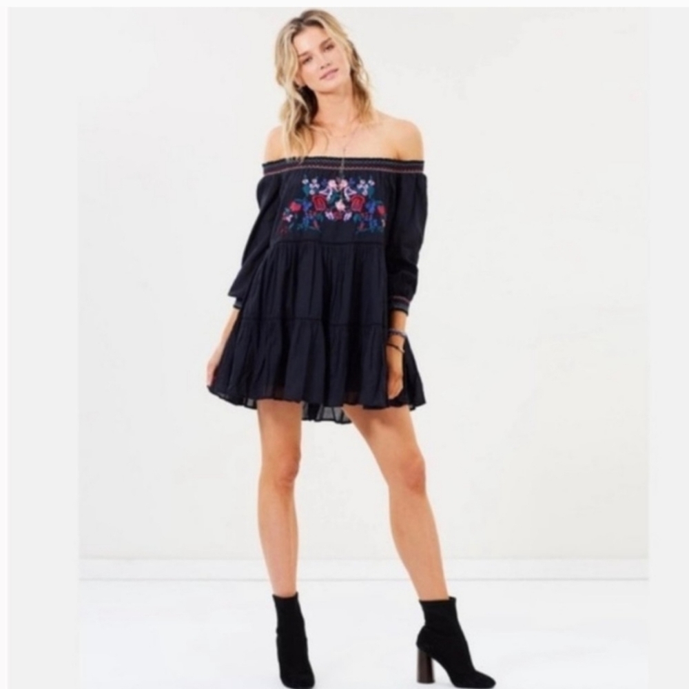 Free People Embroidered Mini Dress Tunic Top Floral Black Size:XS
